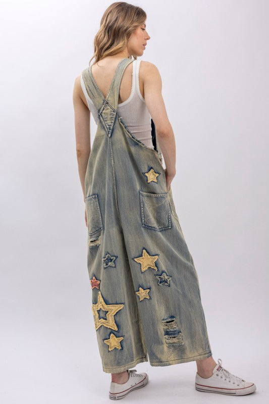 Star And Peace Patchwork Denim Bib Overalls