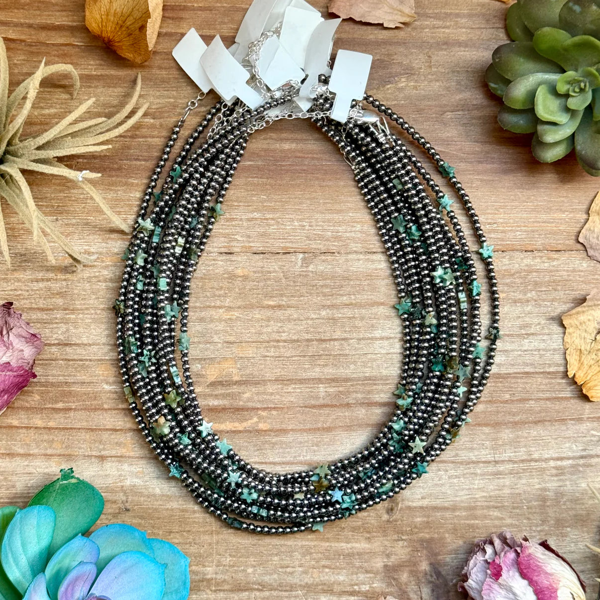 15" African Turquoise Star
Necklace - Sterling Silver Pearls
