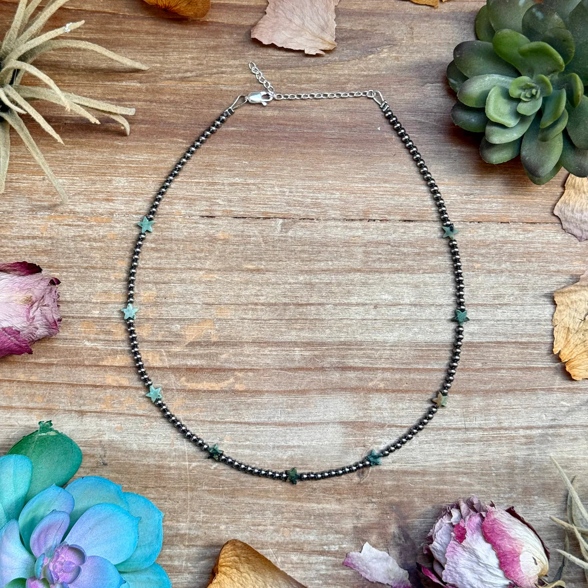 15" African Turquoise Star
Necklace - Sterling Silver Pearls