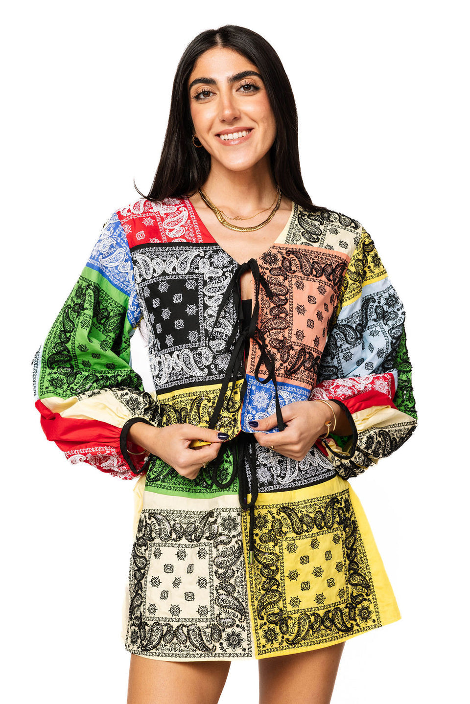 Queen Of Sparkles Multi Colorblock Bandana Cotton Tie Top