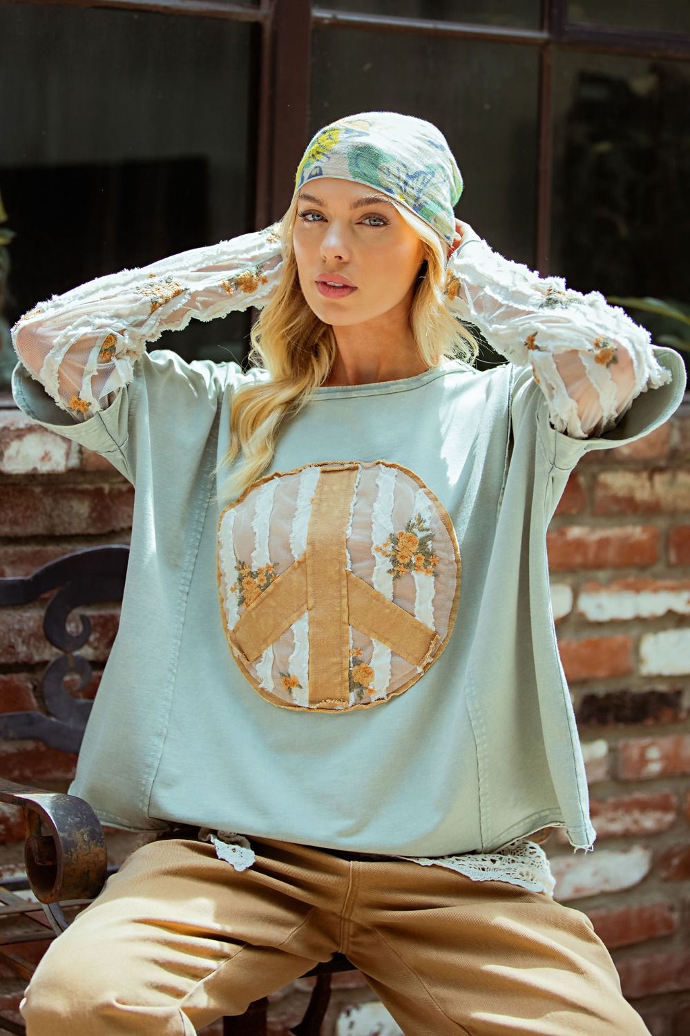 PEACE PATCH FRONT WASHED KNIT TOP - Plus Size