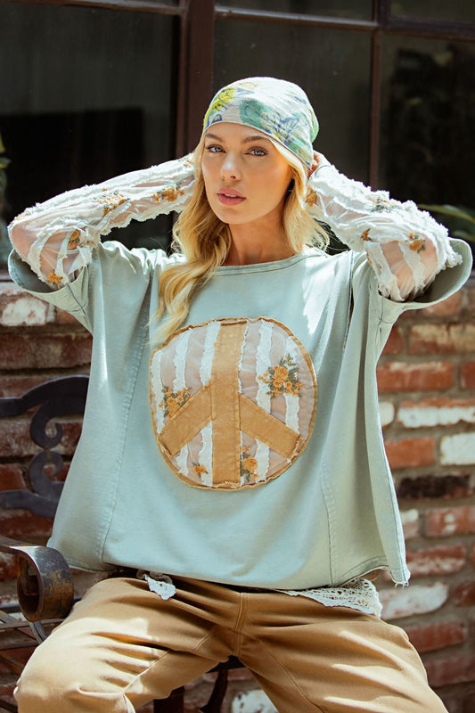 PEACE PATCH FRONT WASHED KNIT TOP