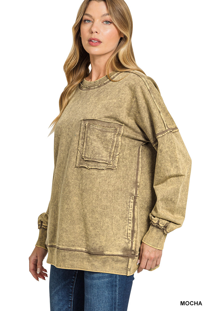 TERRY ACID WASH RAW
EDGE FRONT POCKET
PULLOVER
