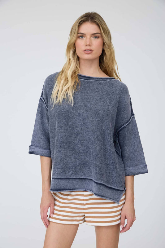 WASHED INVERTED SEAM SHORT SLEEVE SWEATSHIRT