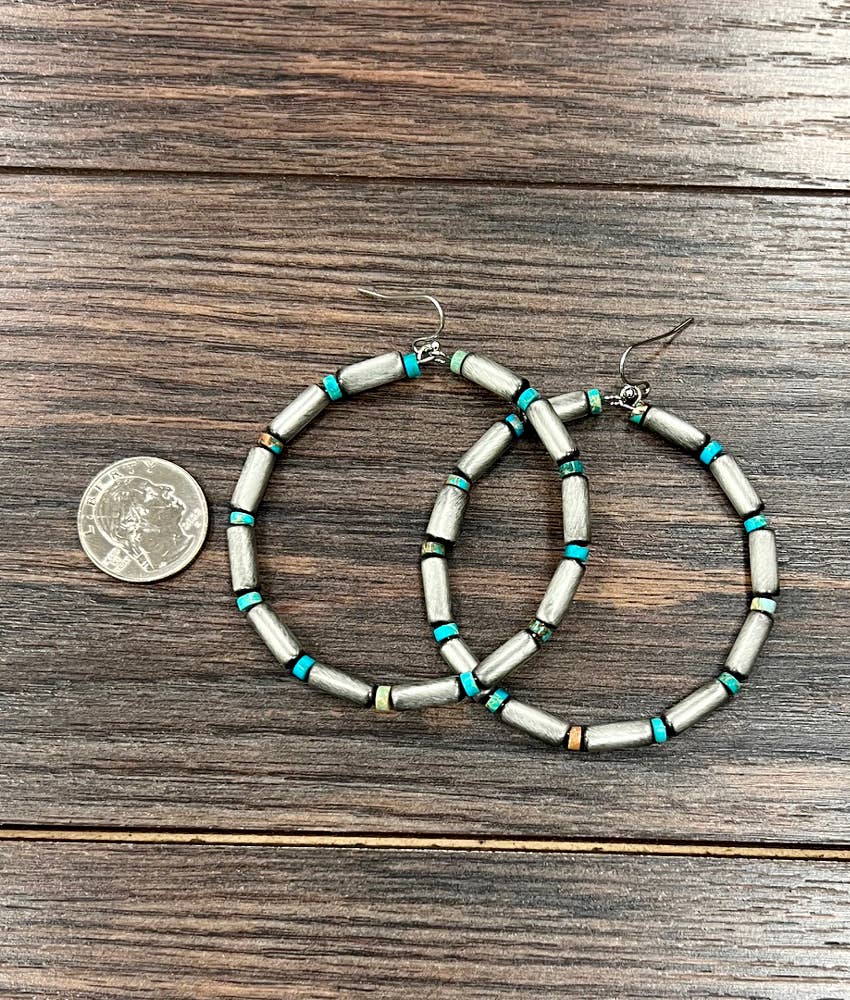 65mm Hoop, Cylindrical Navajo, Gemstone Earrings