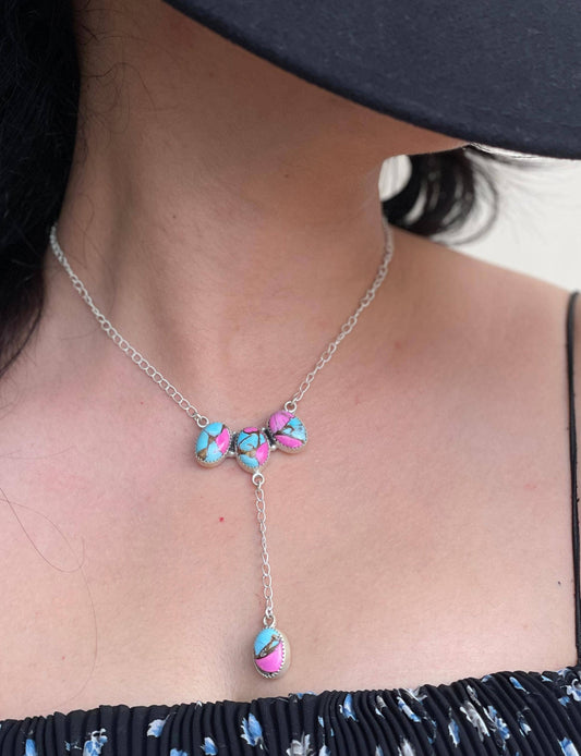 Handmade Sterling Silver Cotton Candy Turquoise Necklace with Signed Nizhoni