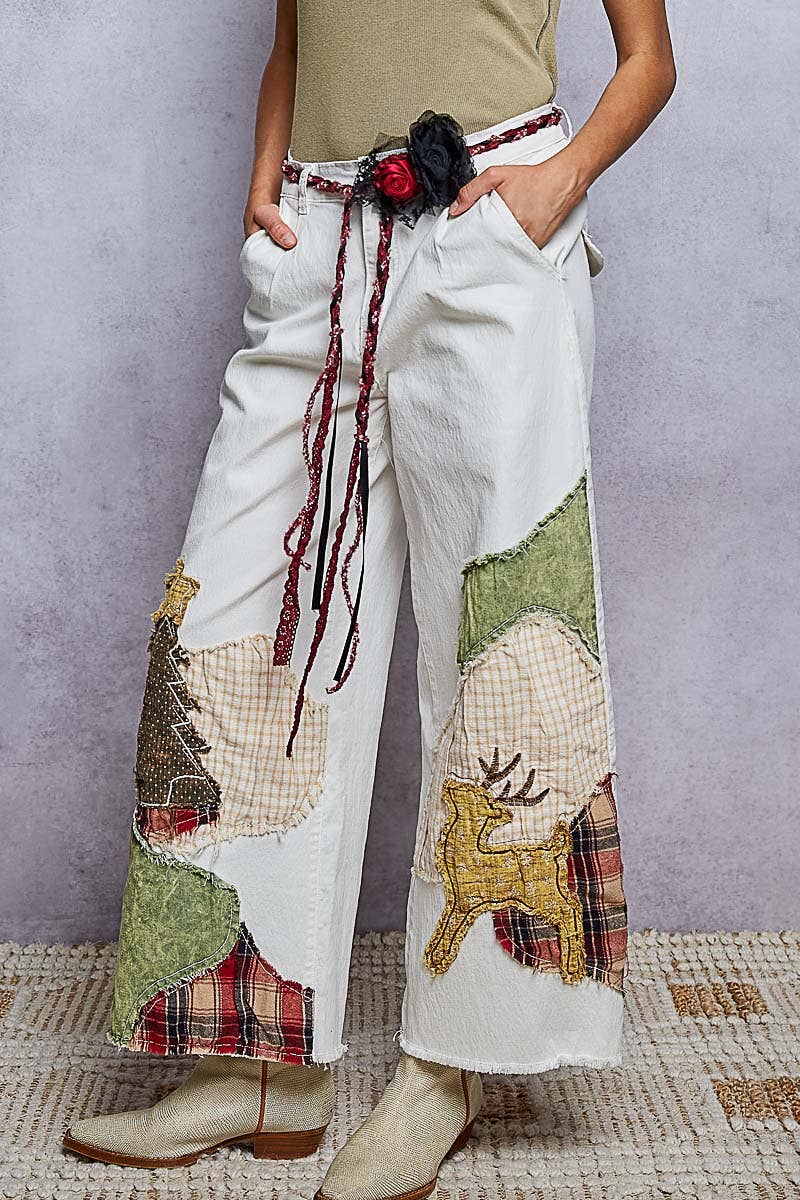 Christmas Woodland Patchwork Embroidered Wide Leg Pants