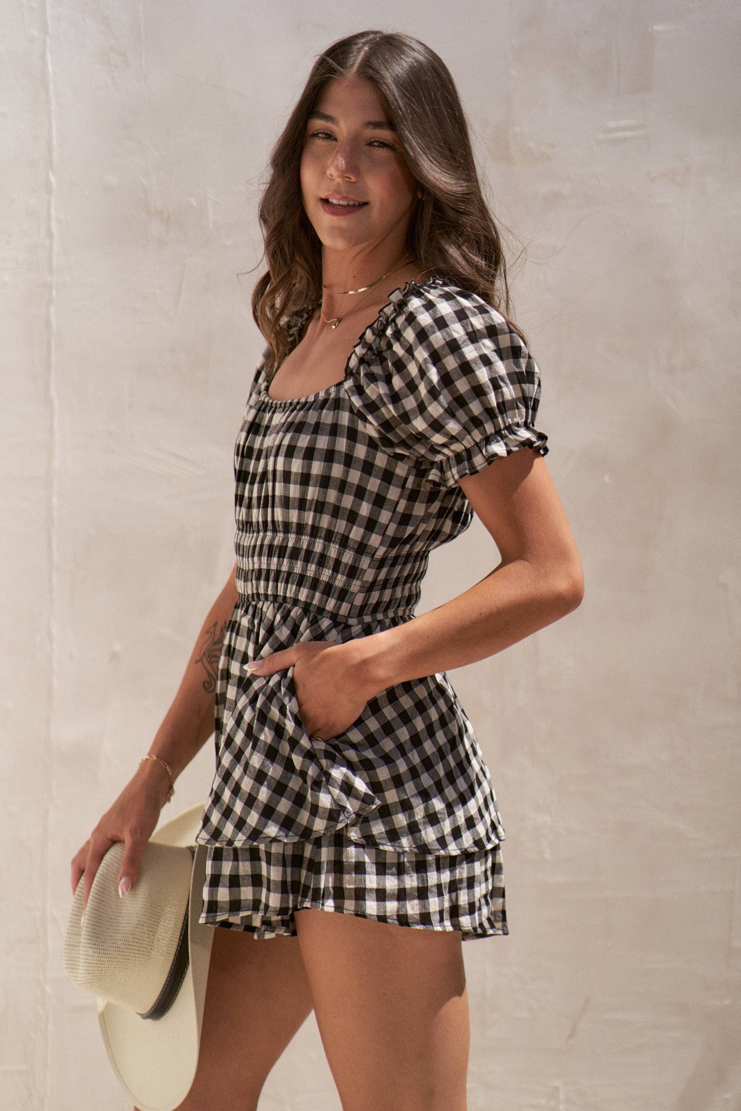 GINGHAM PRINT PUFF SLEEVE ROMPER