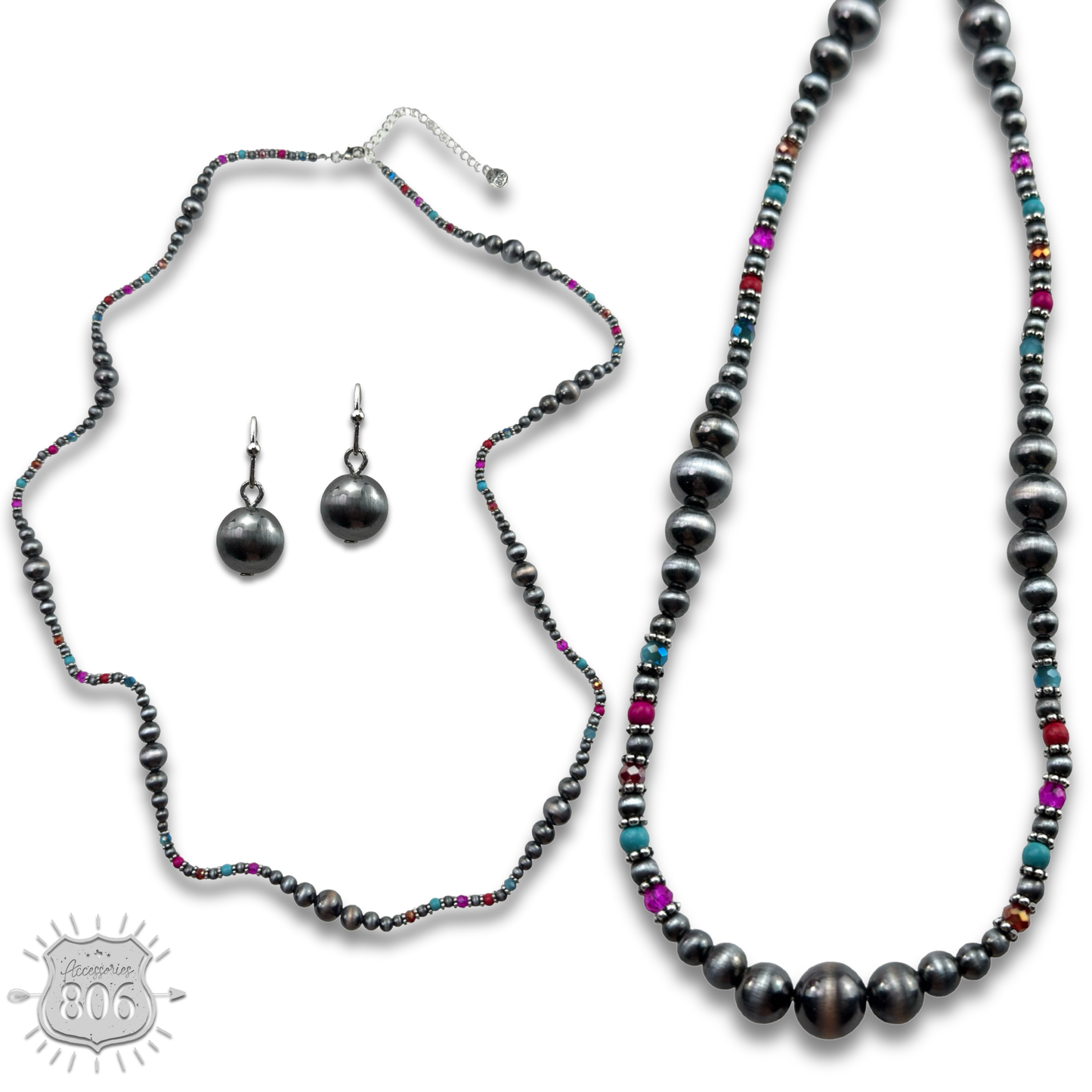 Burnished bead long necklace set