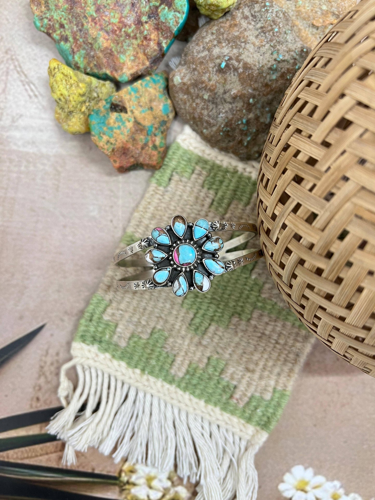 Handmade Sterling Silver Cotton Candy Turquoise Cuff Bracelet with Signed Nizhoni