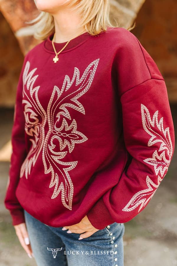 Burgundy Boot-Stitch Detail Long Sleeve Sweatshirt