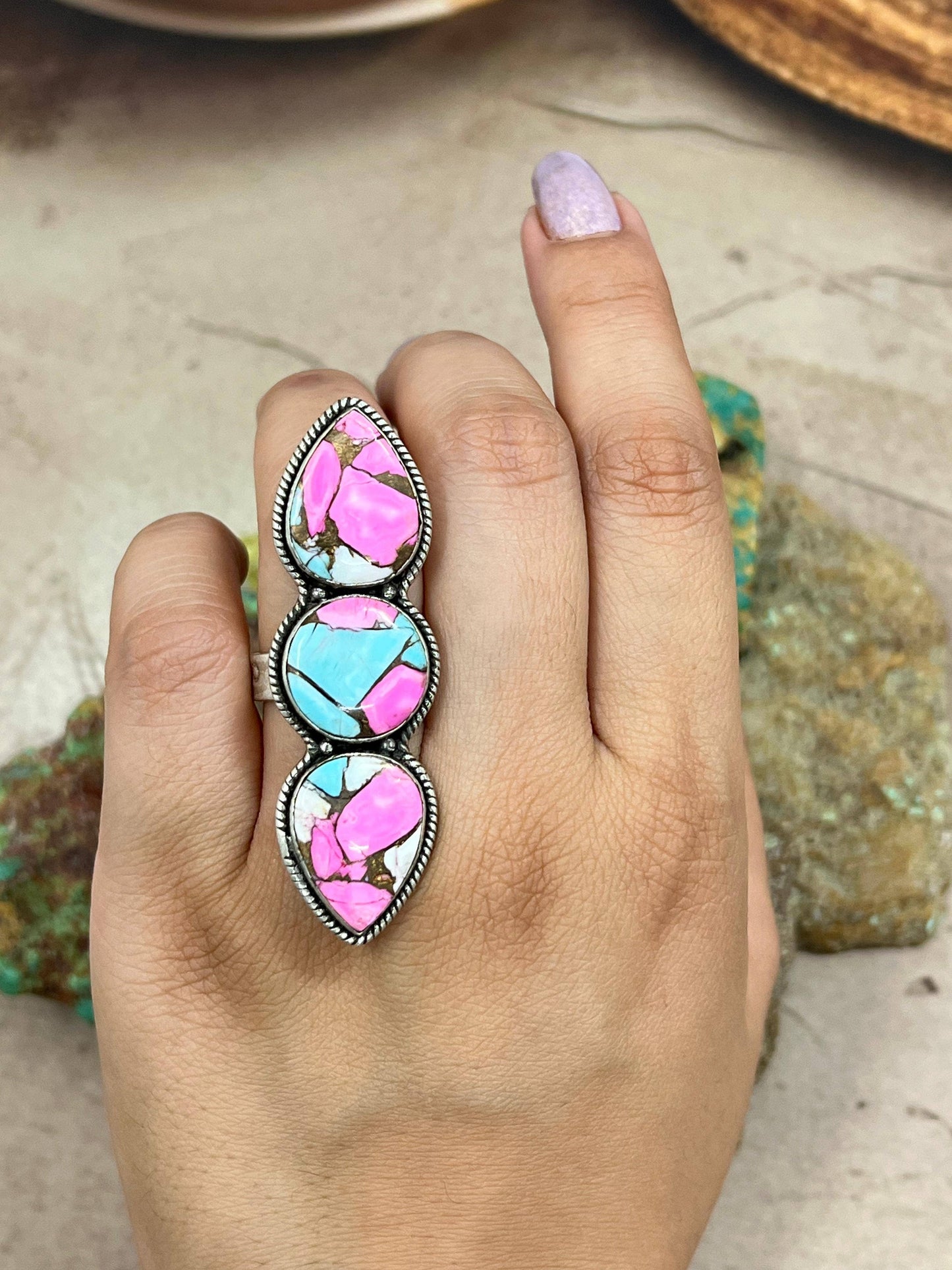 Handmade Sterling Silver Cotton Candy Turquoise Adjustable Ring with Signed Nizhoni