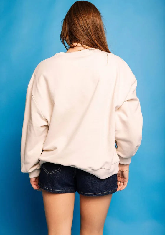 Queen Of Sparkles Beige Oversized Multi Butterfly Sweatshirt