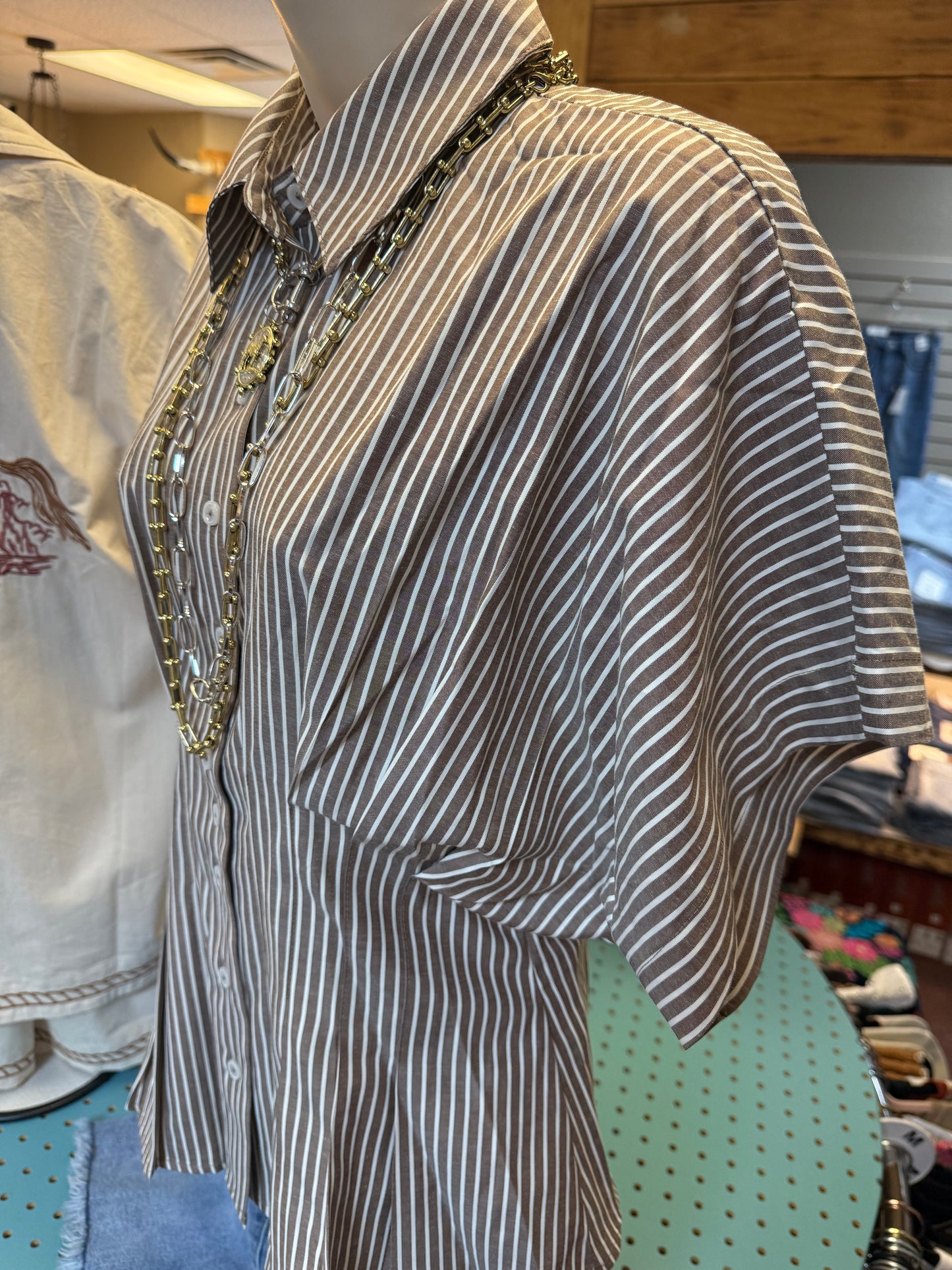 Striped Button Down Pleated Top
