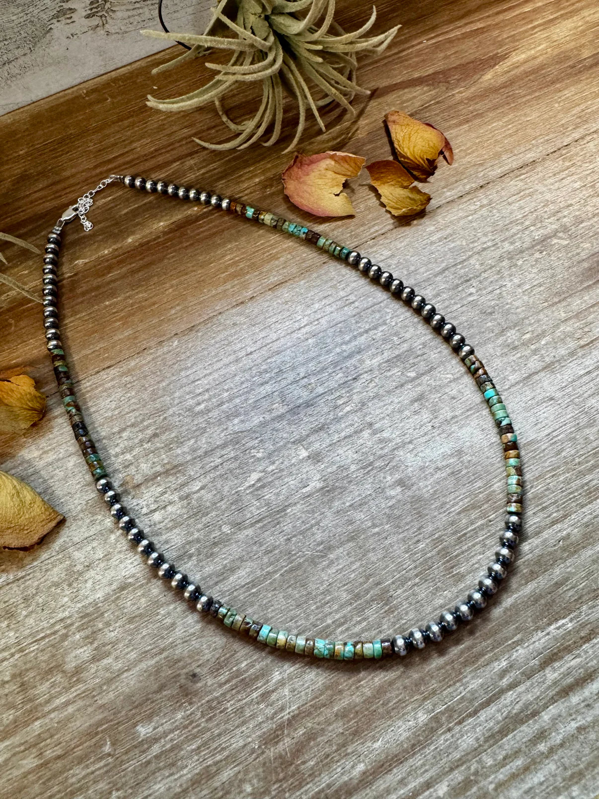 Sterling Silver Pearl & Green
Heishi Turquoise Necklace - 19"