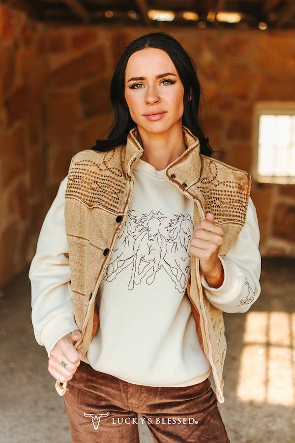 Denim Puffer Studded Button Down Vest