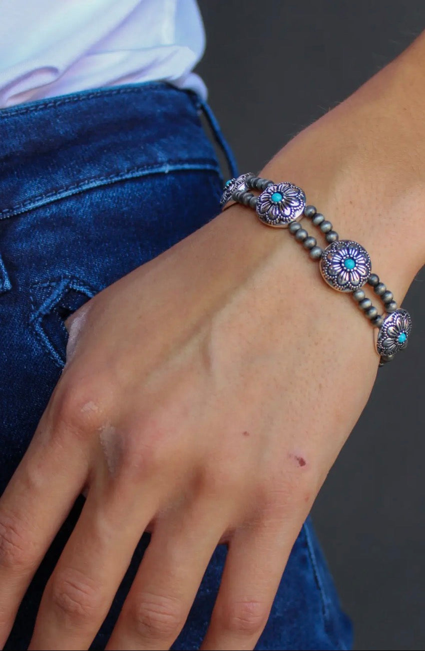 Burnished Silver Flower Concho Bracelet