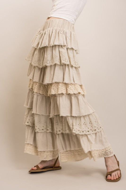 EYELET & LACE MIX TIERED LACE RUFFLE PANTS