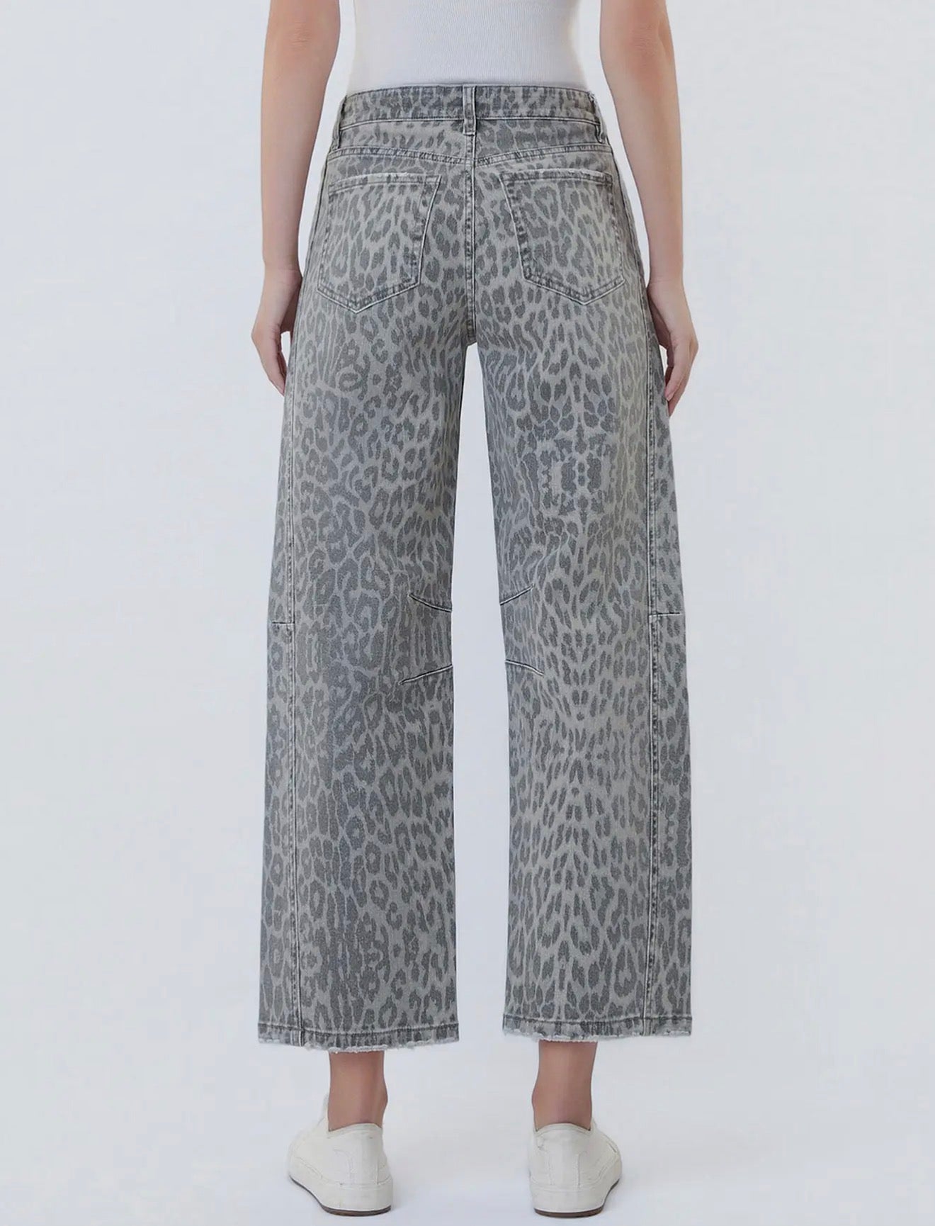 High Rise Drawstring Grey Leopard Barrel Jeans by Vervet