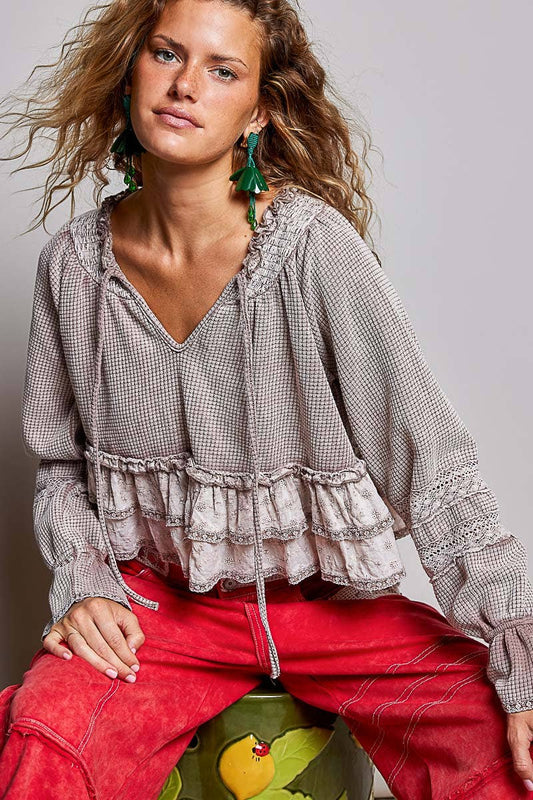Deep V-Neck Cotton Eyelet Ruffle Balloon Sleeve Thermal Top