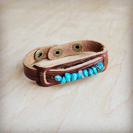 **Genuine Leather Narrow Cuff Turquoise Regalite Stones 006v