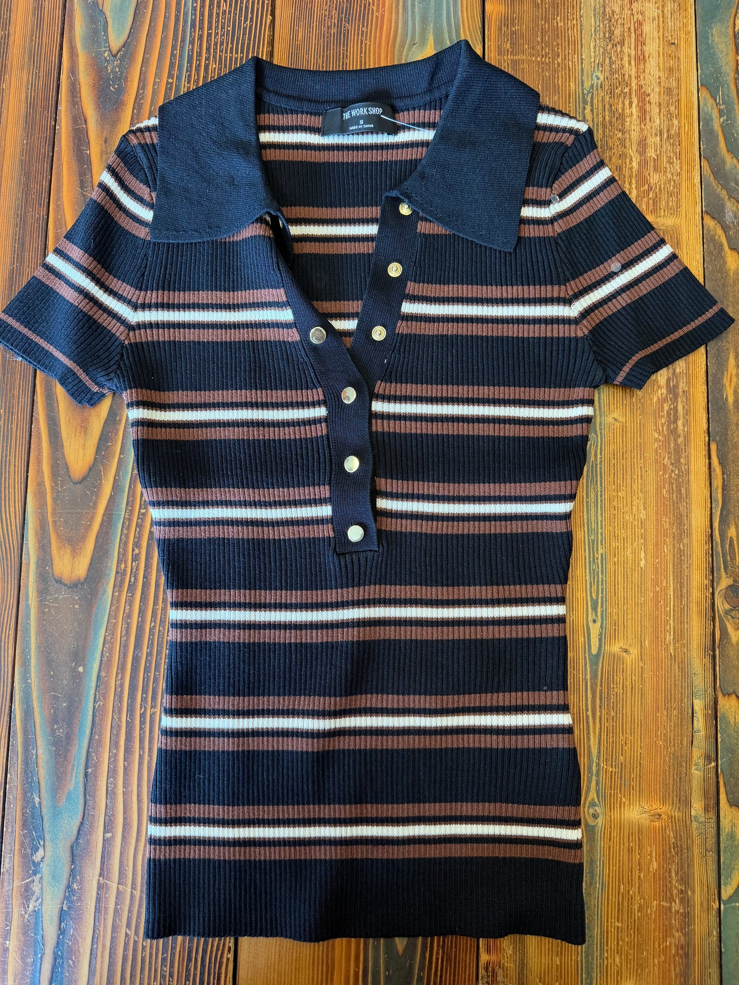 Multi-color Stripe Ribbed Polo Knit Top