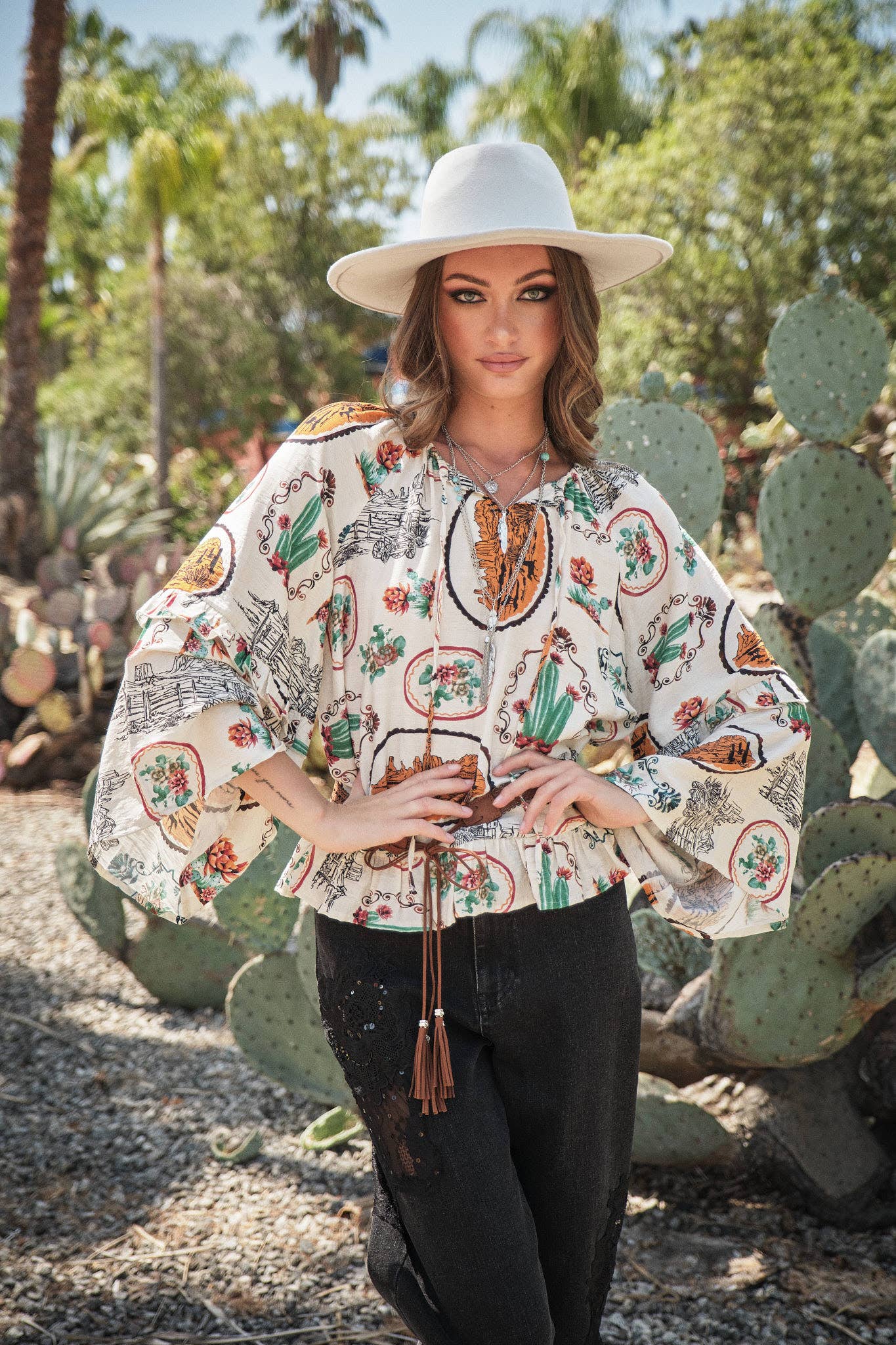Western Print Peasant Blouse