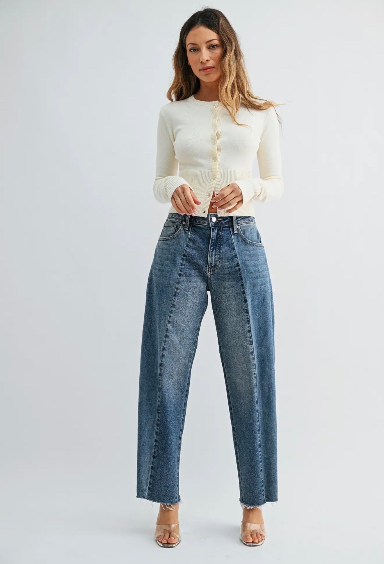 Pleated Two Tone Barrel Jeans