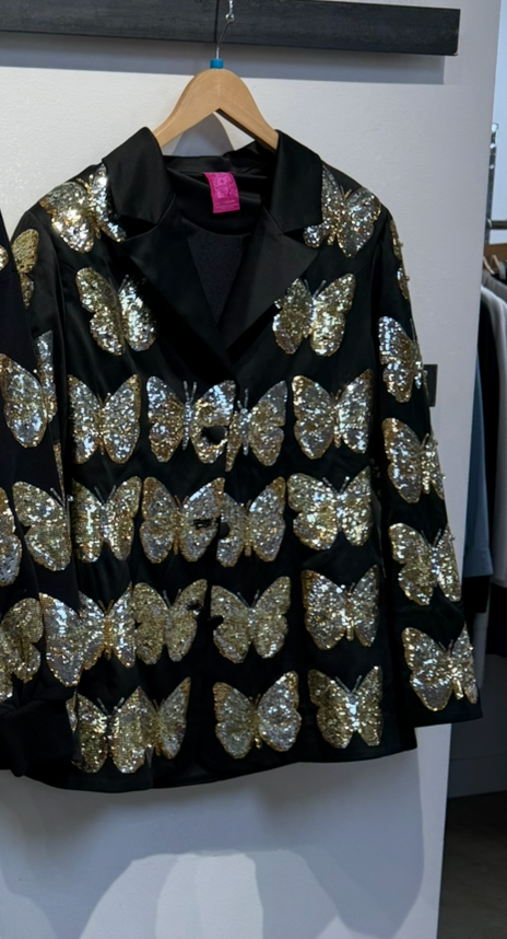 QueenOf Sparkles Black & Gold Sequin Butterfly Blazer