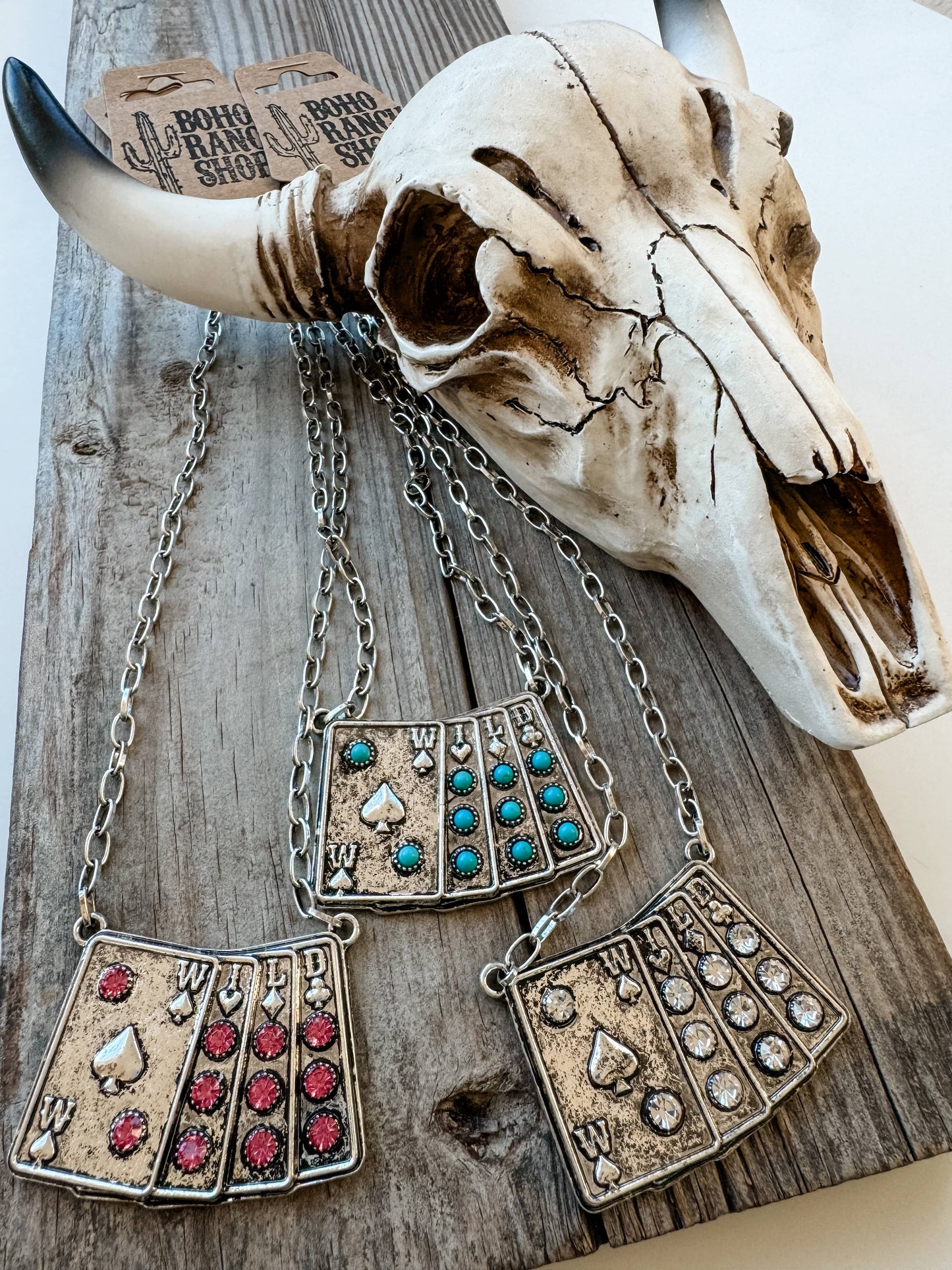 Western Wild Card Pendant Necklace - Rhinestones