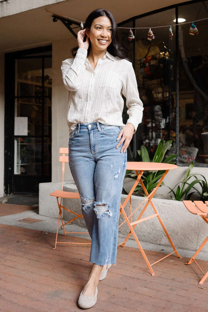 Celeste High Rise With Distressed Crop Wide Leg