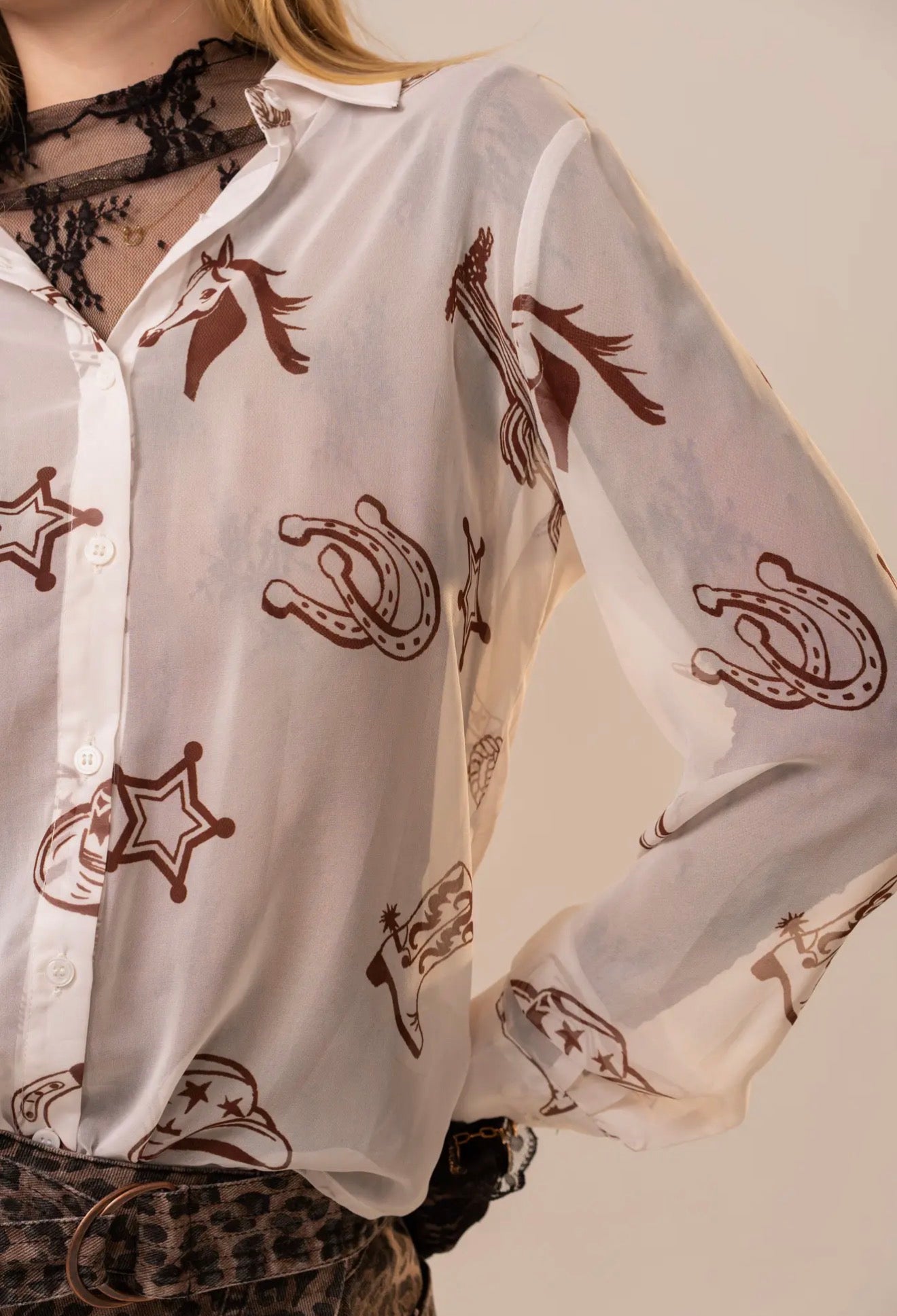 Chiffon Western Print Button-Up Blouse
