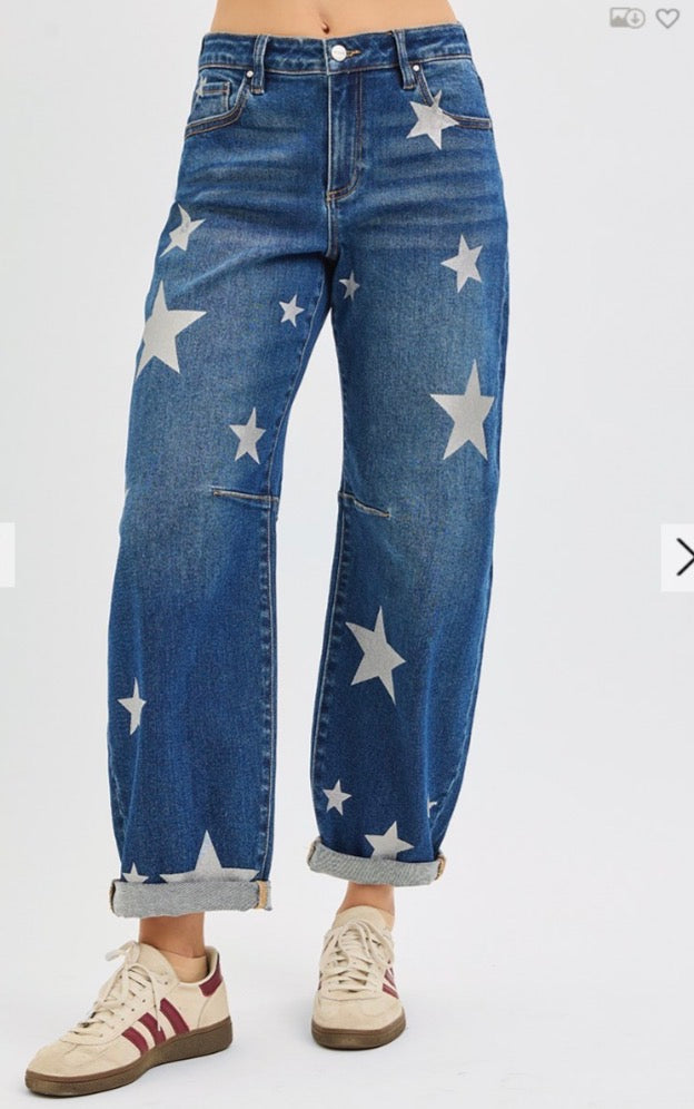 Risen Barrel Leg Star Printed Jeans-Stretchy