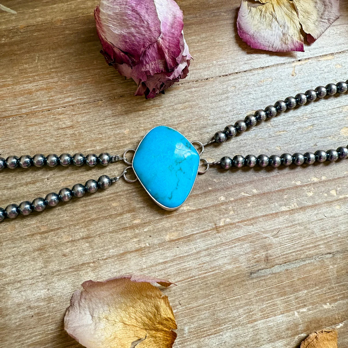 Double Strand Sterling Silver & Turquoise Choker - 13" + Extender - 6 mm Pearls