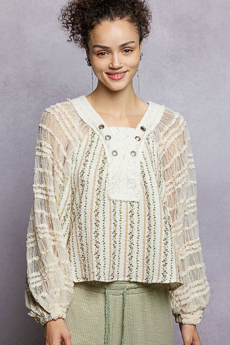 Long Sleeve V neck Lace Contrast Printed Woven Top
