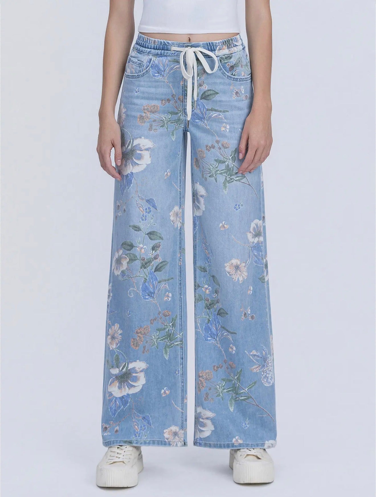 High Rise Drawstring Floral Print
Wide Jeans - VERVET by FLYING MONKEY