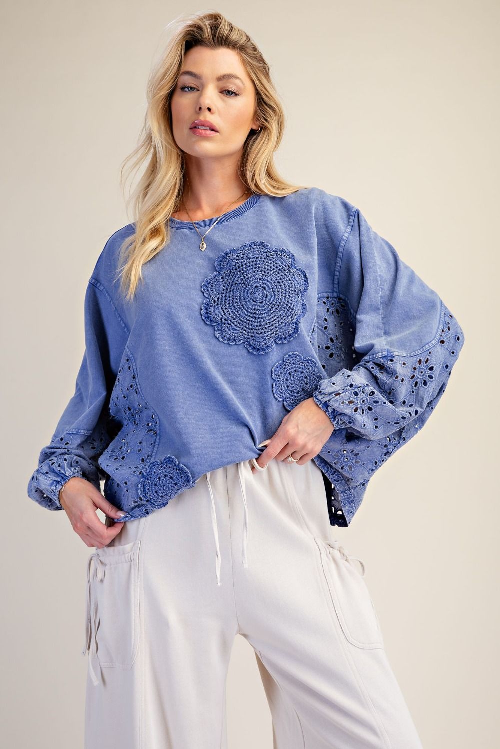 CROCHET PATCH DETAILING WASHED TERRY TOP