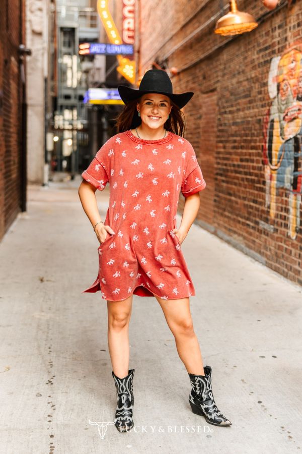 BURGUNDY RED MINERAL WASHED HORSE PRINTED DRESS