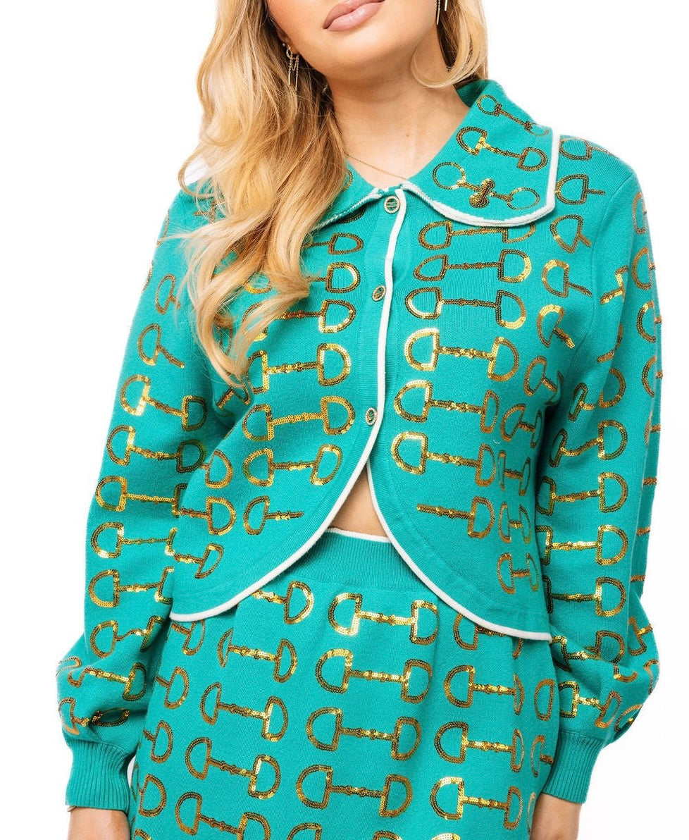 Queen Of Sparkles Mint & Gold Horse Bit Button Up Knit Collar Sweater