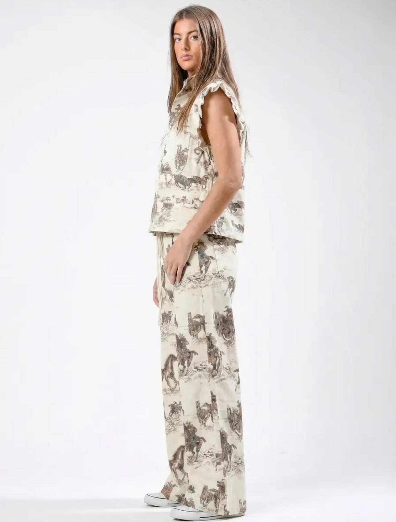 Horse Print Drawstring Wide-Leg Pants