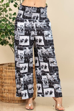 Western Print Smock Waist Pants