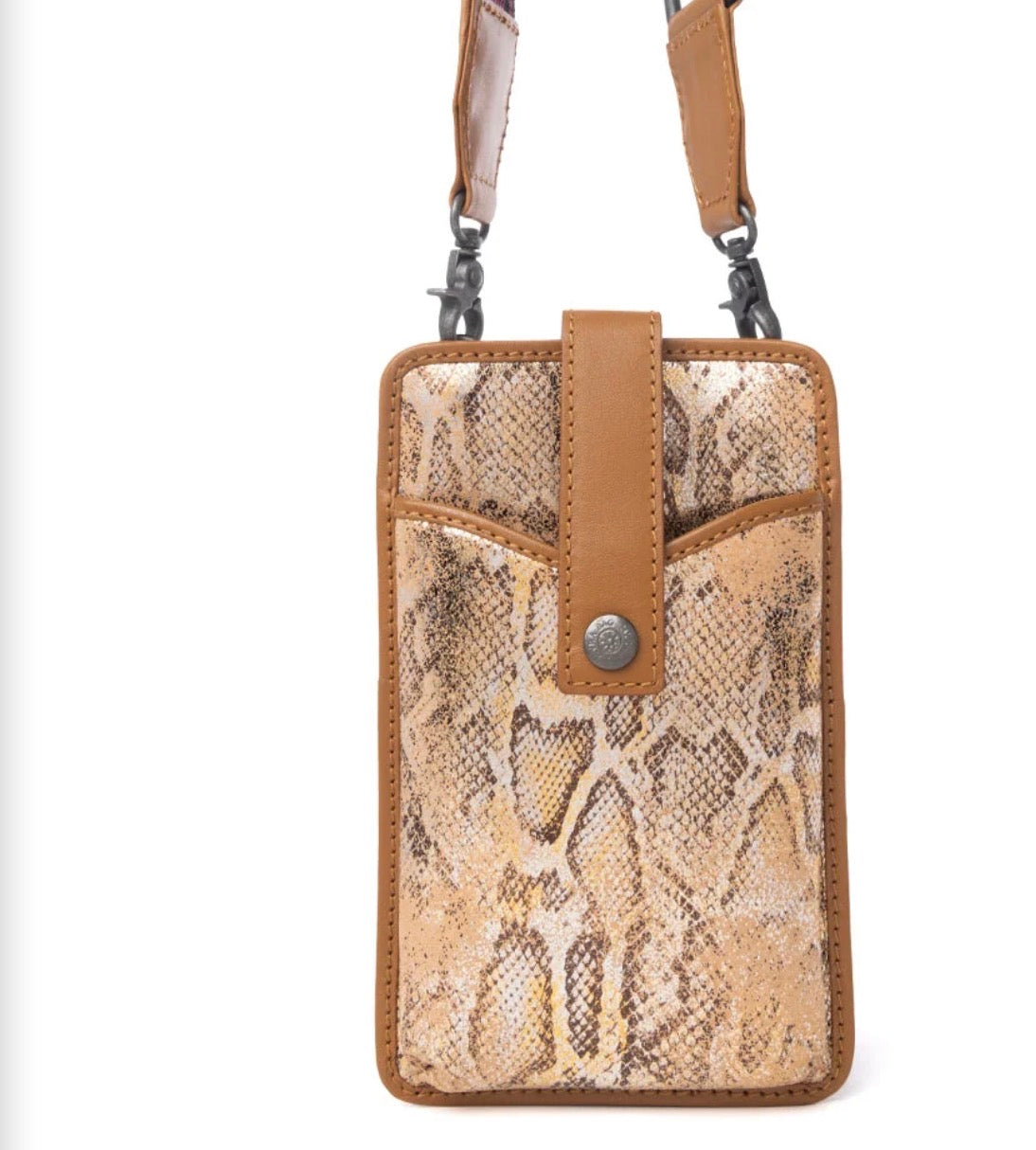 Cedar Snake Print Leather Cell Phone
Holder In Toffee Patch