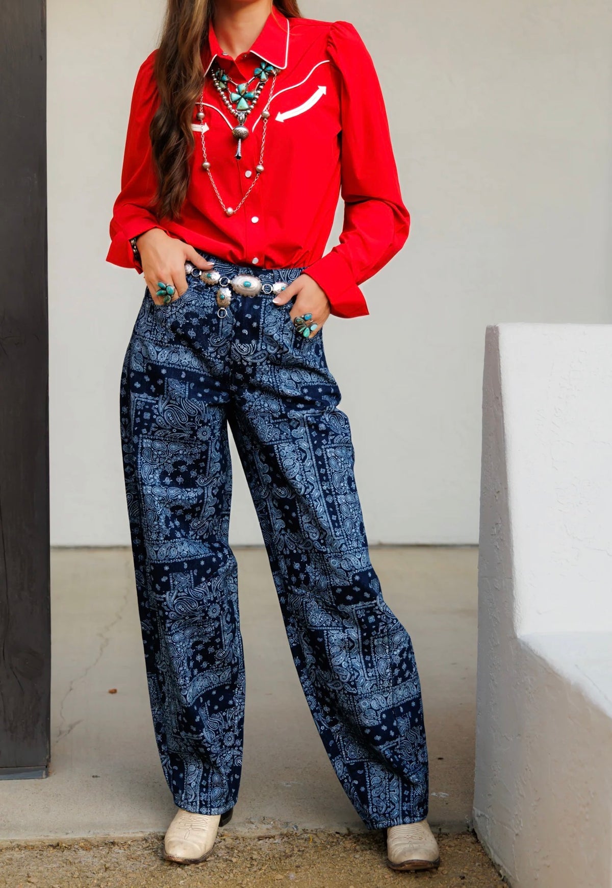NAVY BANDANA BARREL JEANS