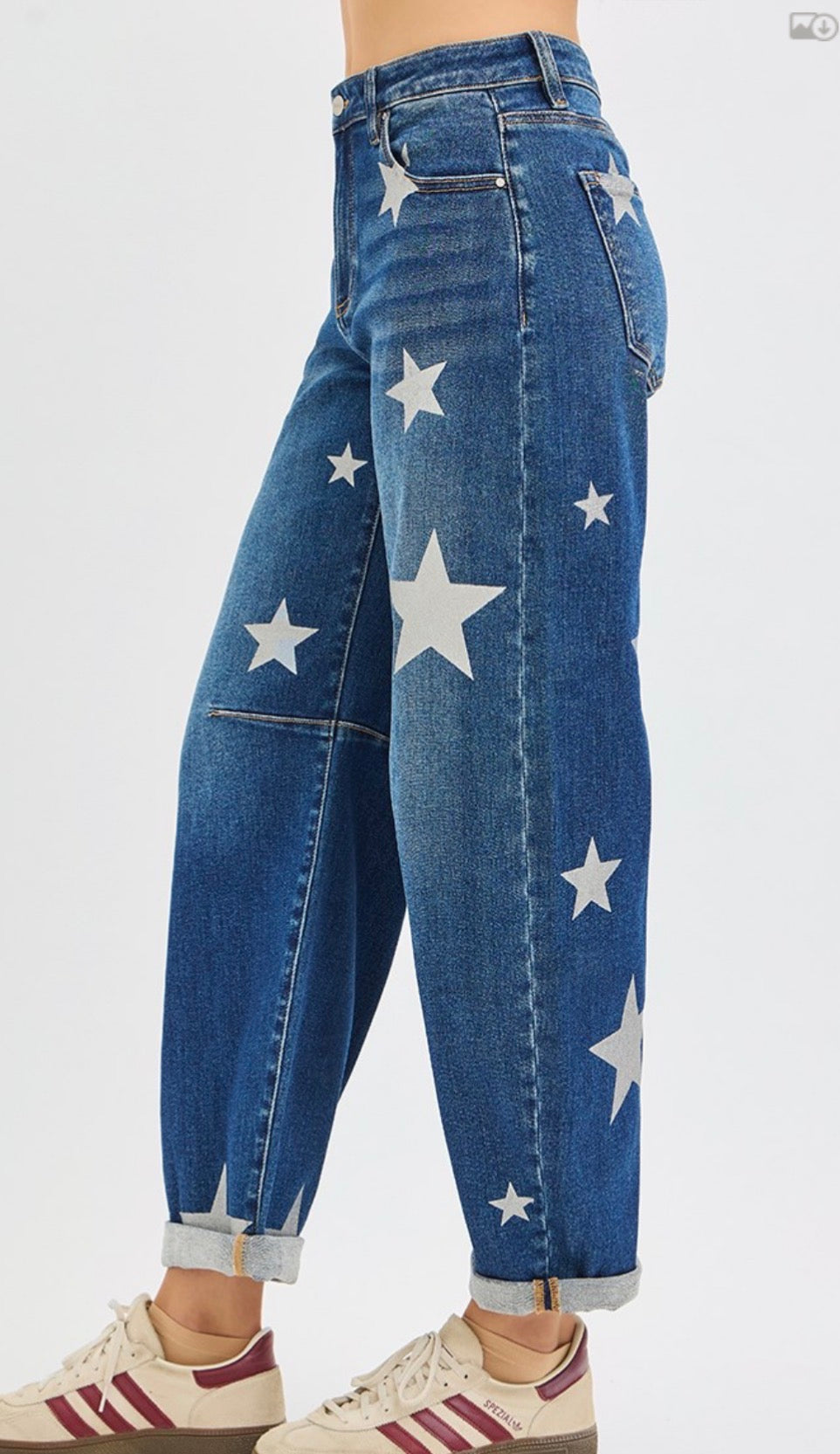 Risen Barrel Leg Star Printed Jeans-Stretchy