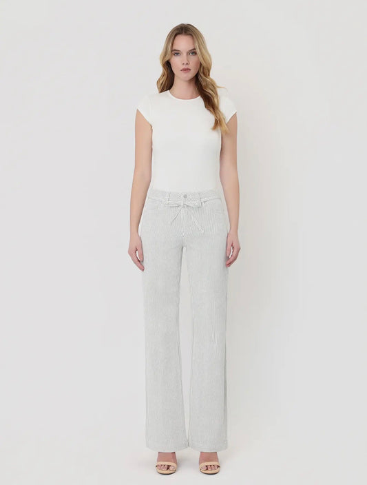 High Rise Waist Tie Striped Vintage Flare Jeans