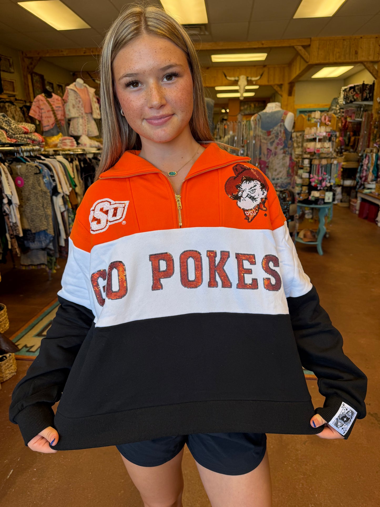 Queen Of Sparkles ✨Licensed OK State Quarter Zip
Colorblock Sweatshirt