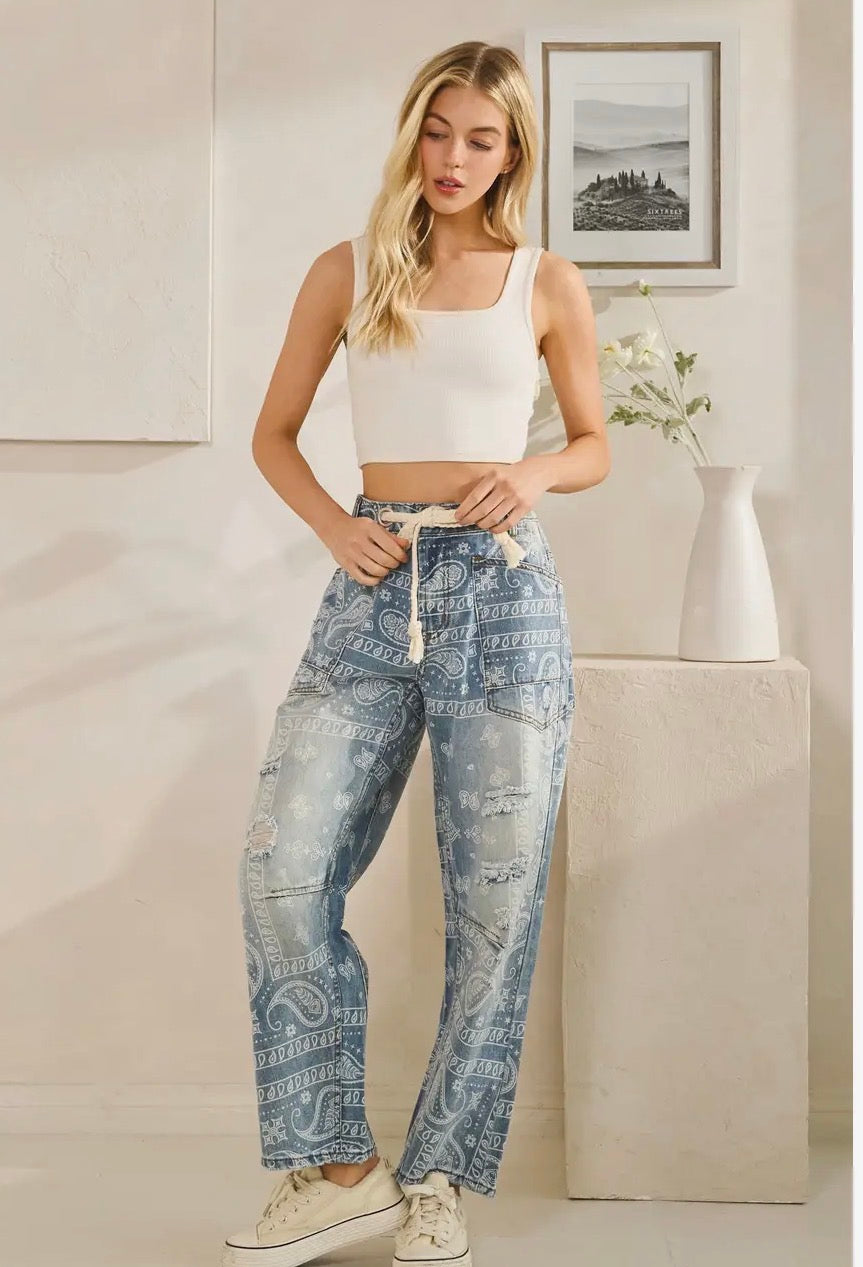 Washed Patty Paisley Patch Print Denim