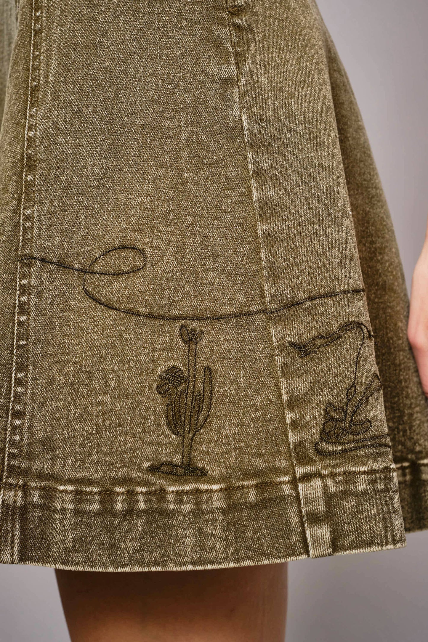 Washed Olive Embroidered Denim Minidress