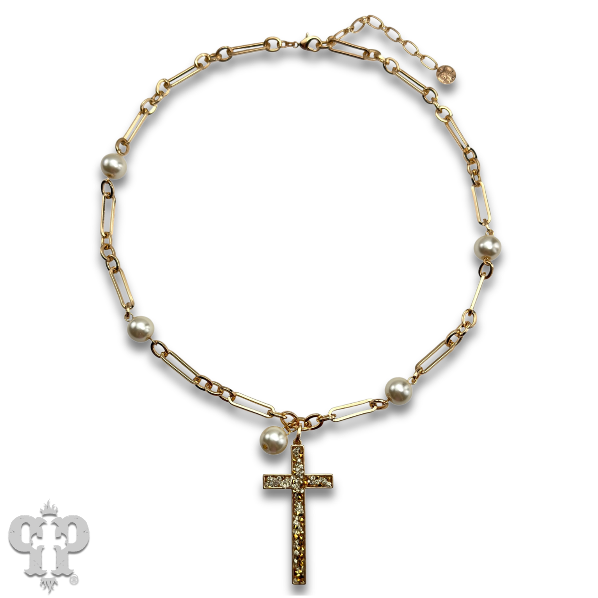Gold and pearl bead necklace with cross pendant