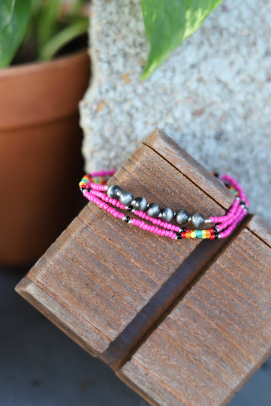 3 SET PINK SEED AND FAUX BURNISHED SILVER BEAD BRA